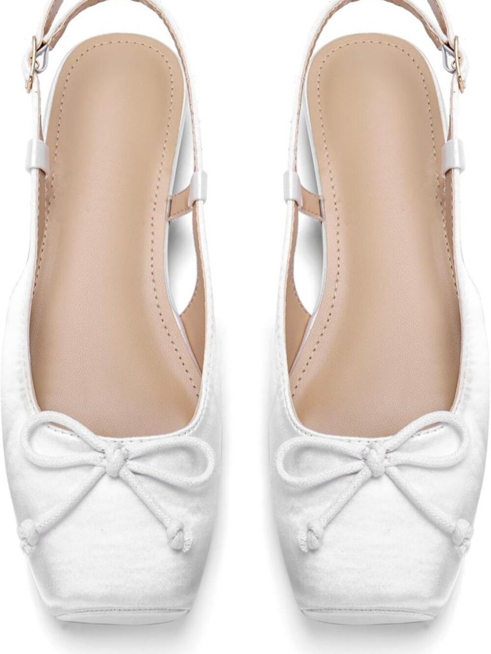 Chic Women's Square Toe Slingback Ballet Flats with Bow & Ankle Buckles, Dressy